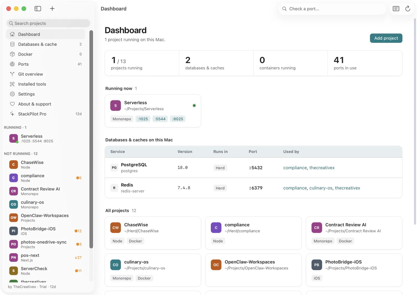 Lokstack dashboard on macOS: running projects, databases, Docker containers and ports in use, with a native sidebar listing every project.