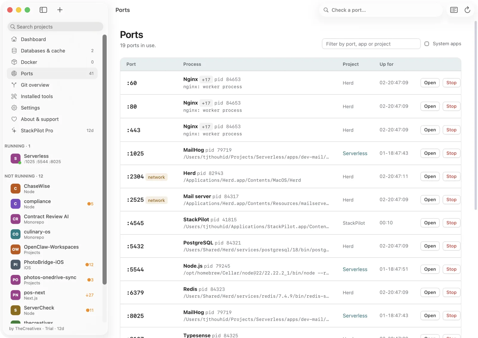 Lokstack Ports page listing listening ports and their projects.