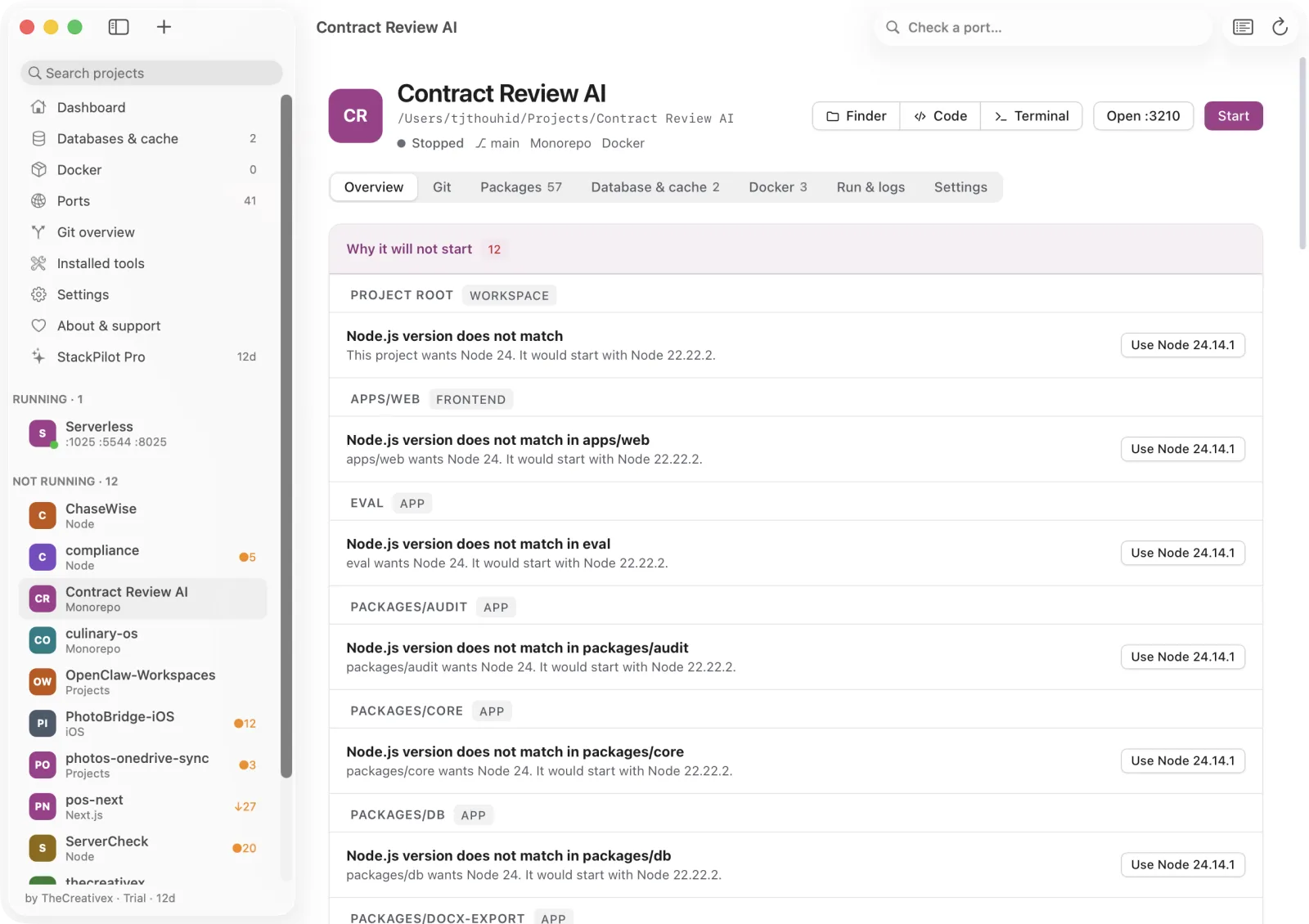 Lokstack project overview with stack tiles for Node, PHP, packages, databases and Docker.