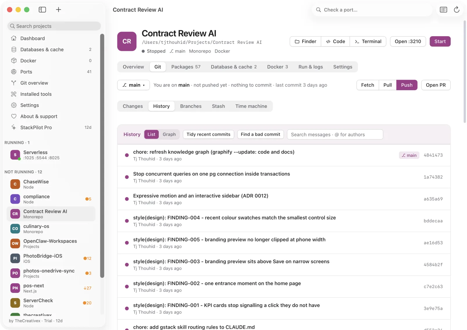 Lokstack Git tab showing commit history with branch labels.