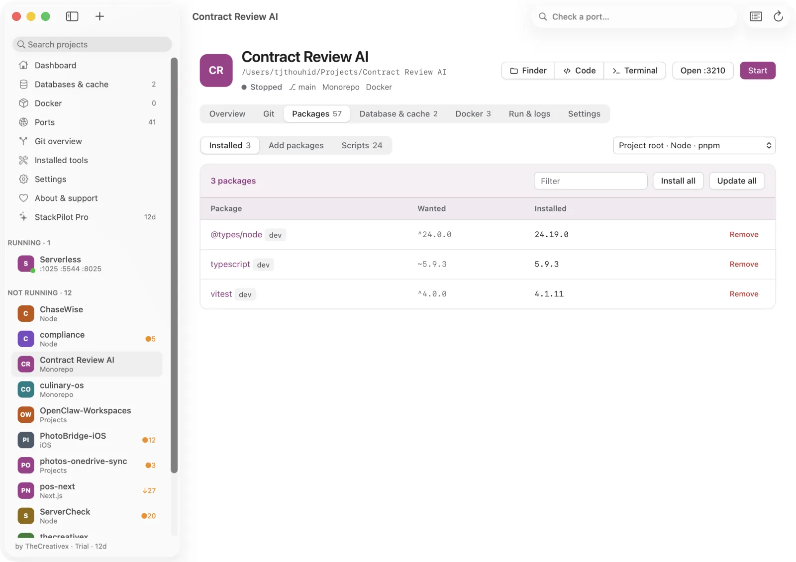 Lokstack Packages tab with installed packages, add and scripts views.