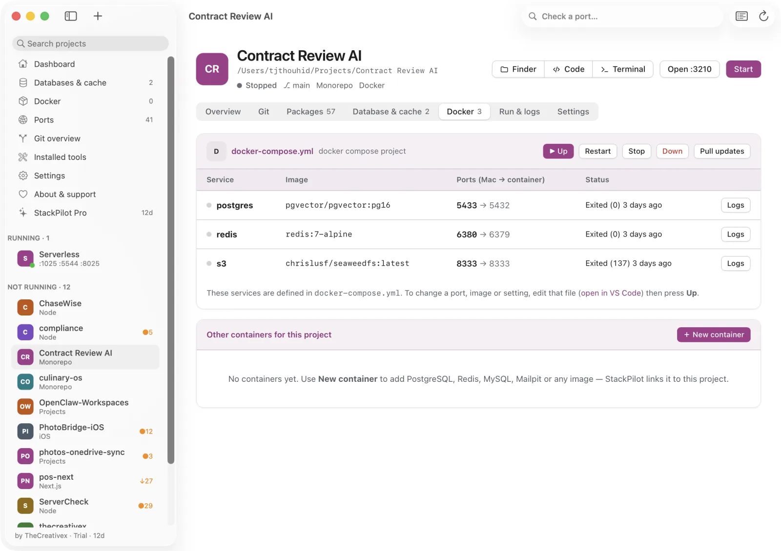 Lokstack Docker tab with compose services and containers.