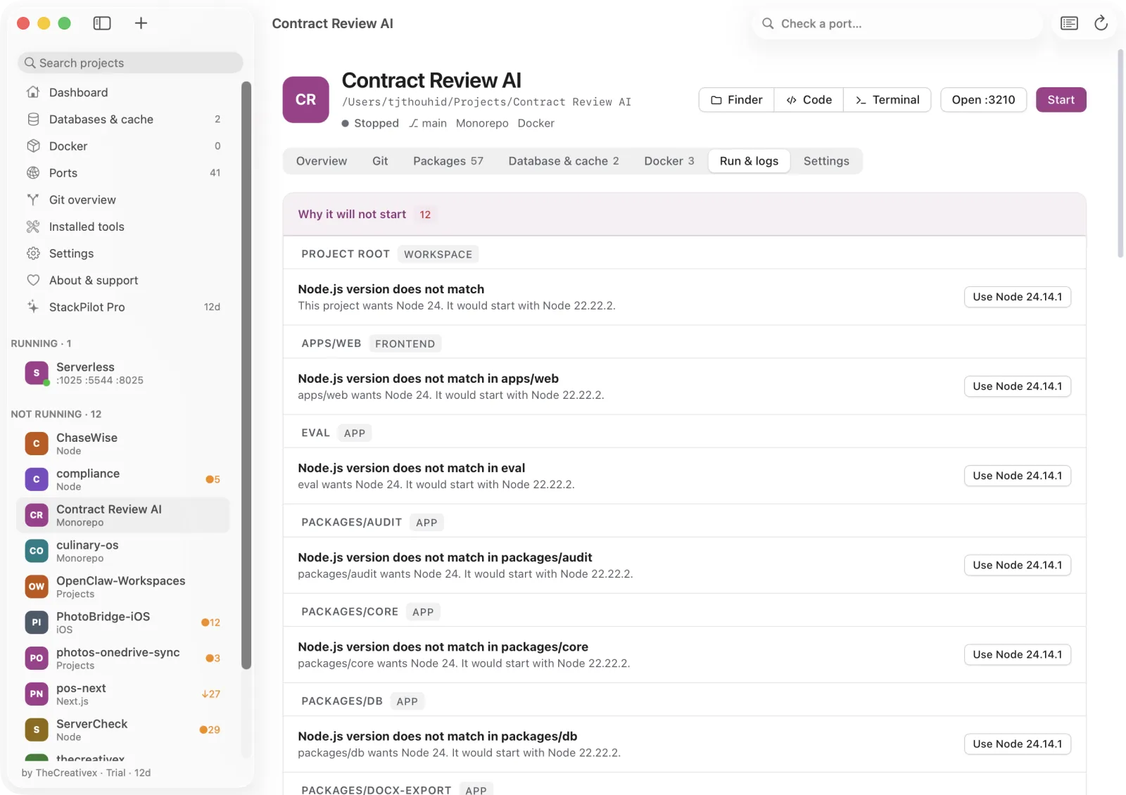 Lokstack Run and logs tab showing process trees, start commands and live output.
